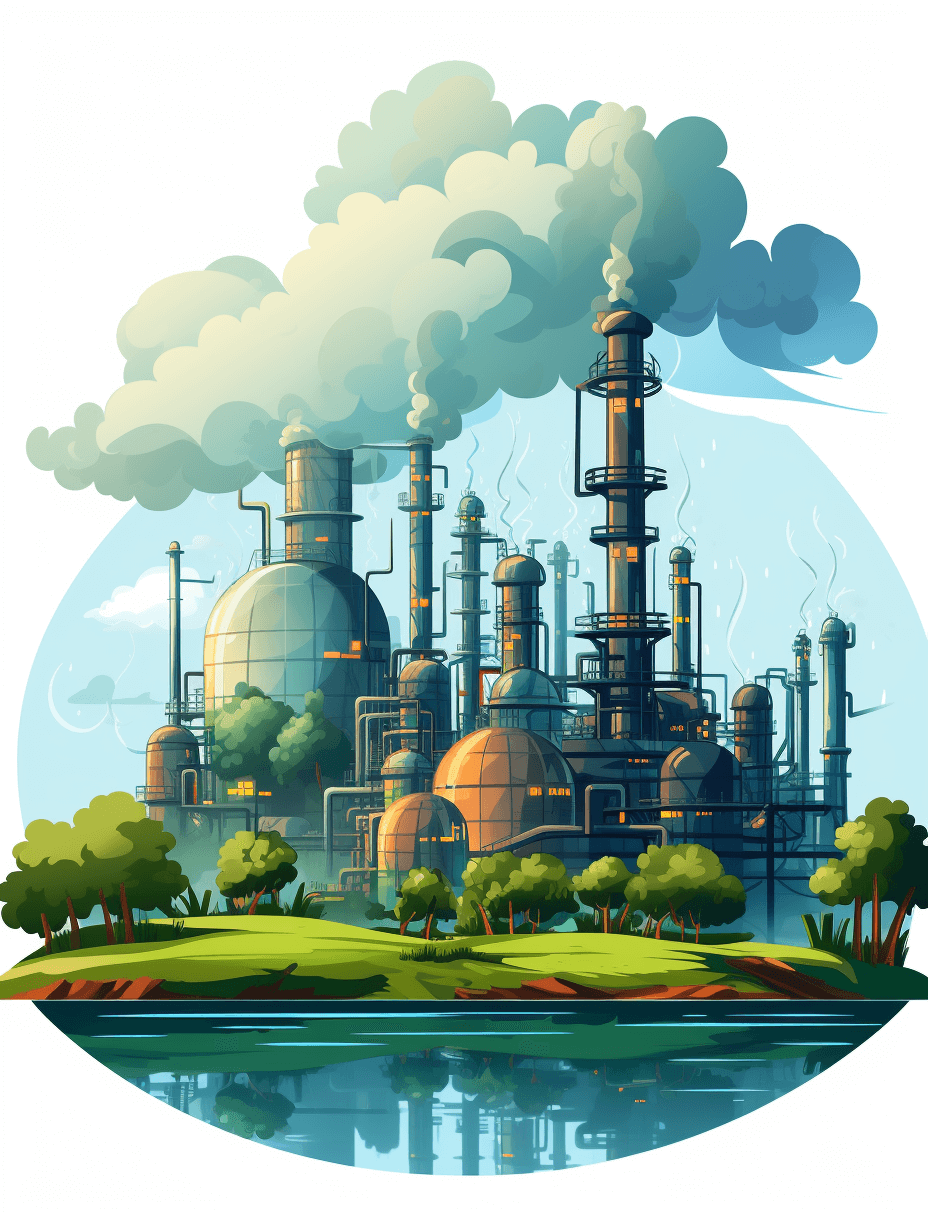 A cartoon style illustration of an industrial plant with smokestacks and steam pipes, surrounded by trees and grass near water, on white background.