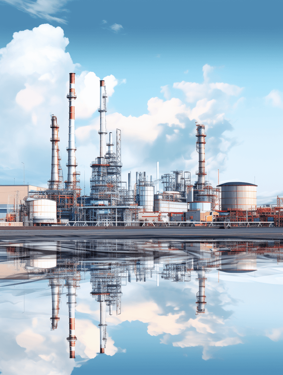 industrial oil plant with reflection in water, sky background, photorealistic