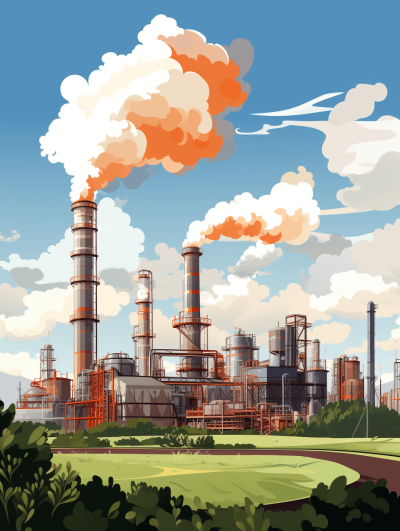 A large oil refinery in the background with smoke coming out of its chimneys, set against a blue sky and white clouds. In front is an industrial park landscape with green lawns and trees. The illustration style should be a flat vector design with bright colors and clear lines, in the style of modern digital art. It focuses on capturing details like plants, equipment at work, smoke from stacks, and modern architecture. This depiction symbolizes progress towards sustainable development through energy production and industry.