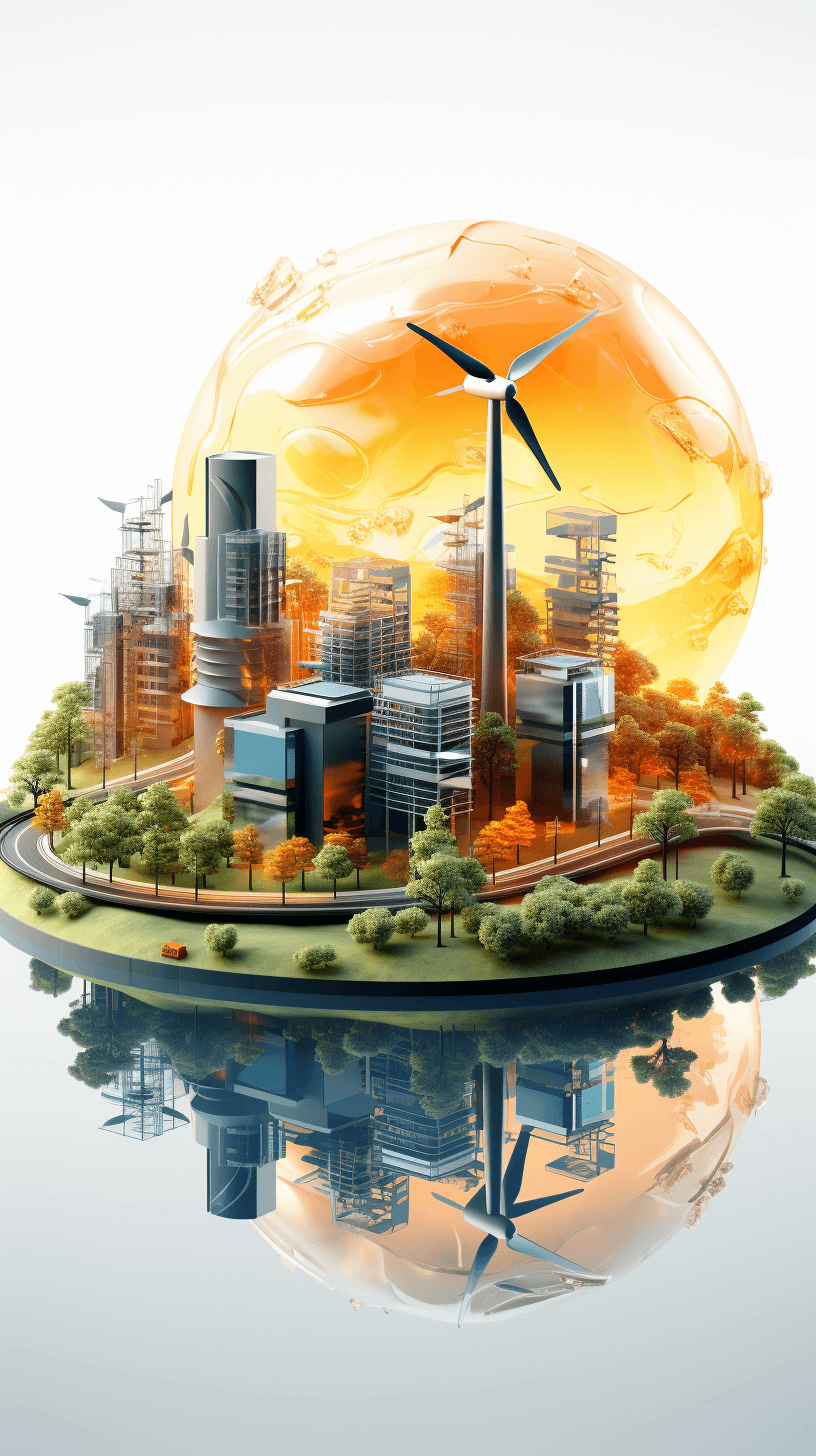 3D rendering of an illustration with an orange gradient color scheme, showing wind power generation and buildings on the ground surrounded by water. In front is an earth sphere made of glass material, with cityscapes inside it. The background is a clean white space, with light reflection and refraction effects. High resolution, bright colors, natural lighting, with super detail and precision.