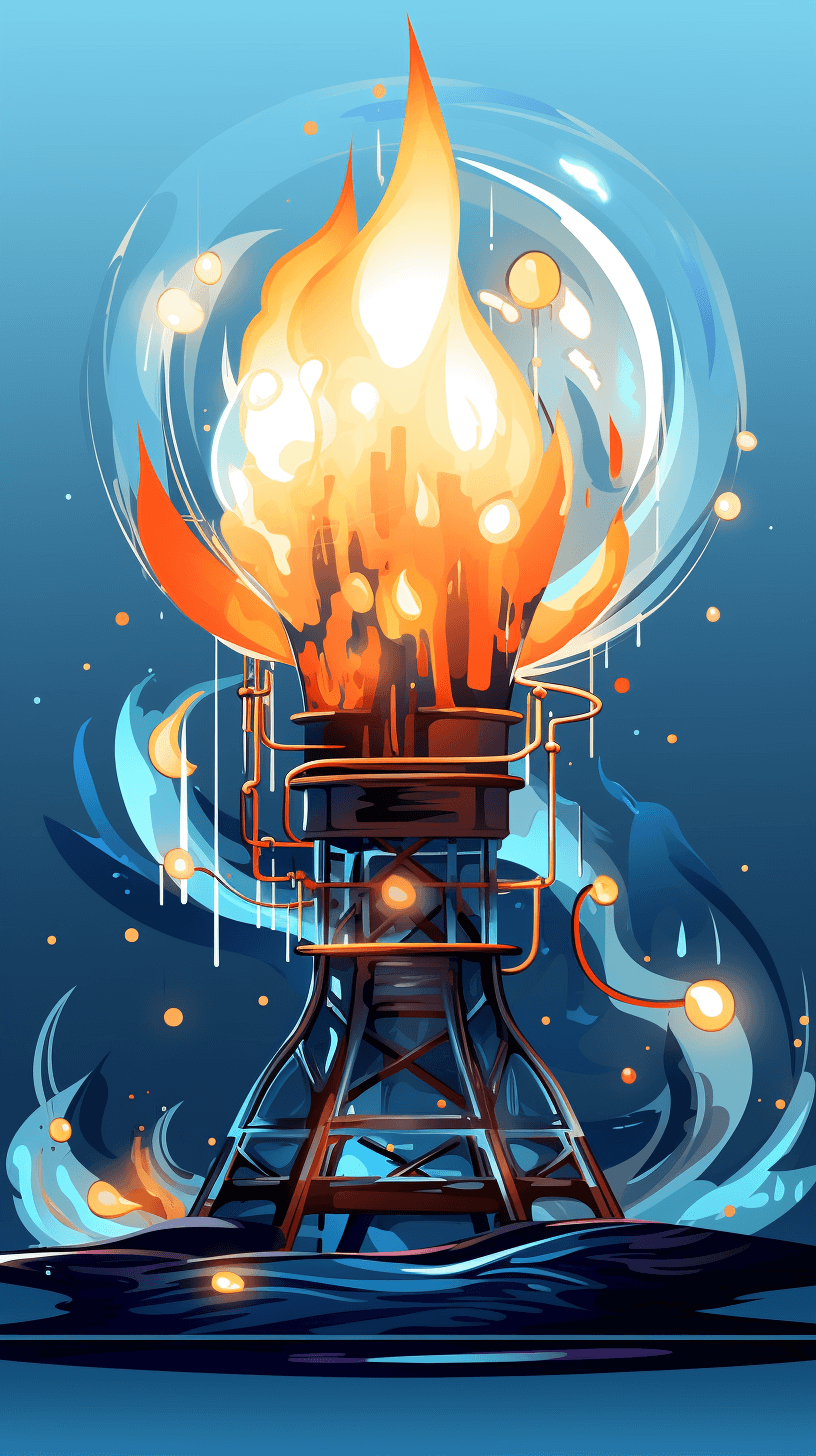 cartoon style illustration of an oil well on fire, vector art, flat design, blue background, digital painting, high resolution, high detail, vibrant colors, fantasyinspired artwork,