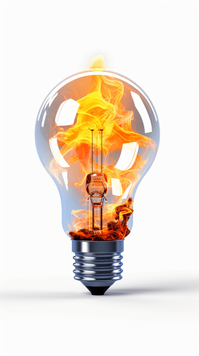 light bulb with fire inside, white background, in the style of 3d rendering, high resolution photography, insanely detailed, stock photo