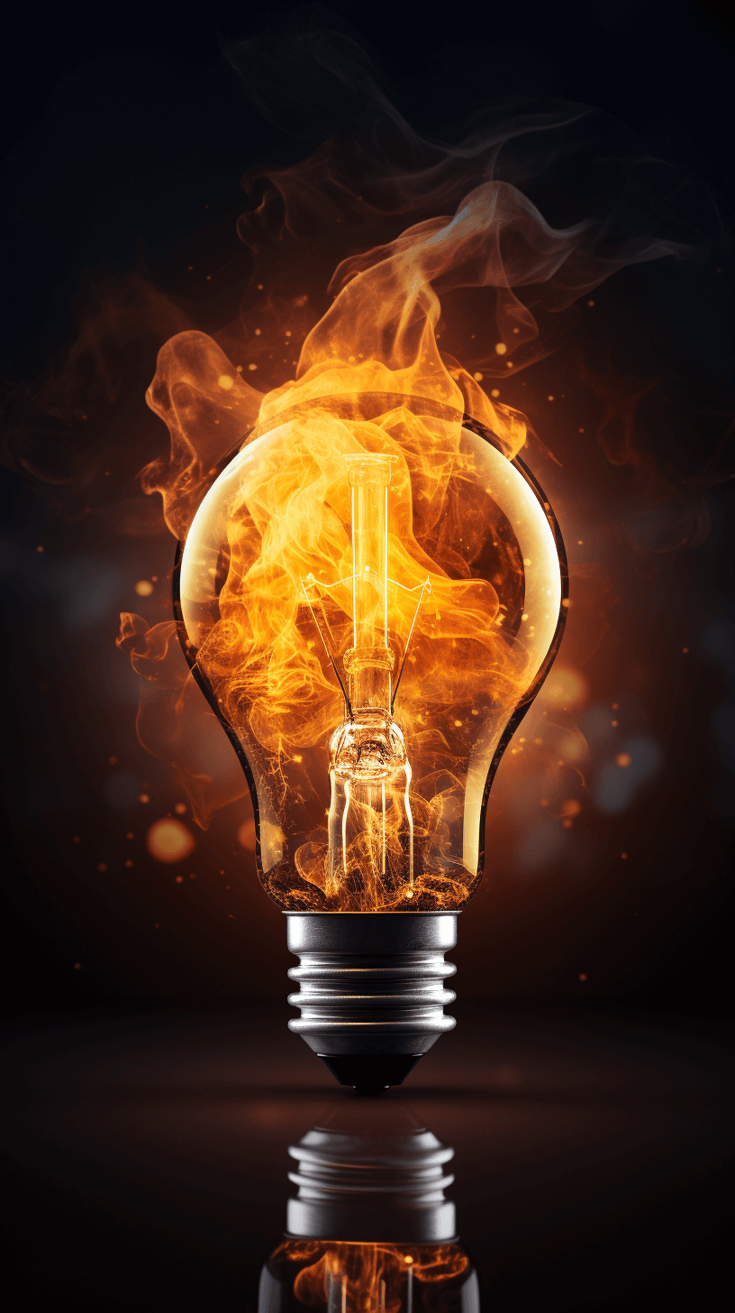 A light bulb on fire, glowing and burning with intense heat and energy. The bright yellow flame stands out against the dark background, symbolizing creativity and innovation in design and technology. It creates an atmosphere of inspiration for new ideas and imagination. This concept conveys the idea that lighting can represent moments when creative thoughts come to life. The photo is realistic, highly detailed, and high resolution in the style of hyperrealism.