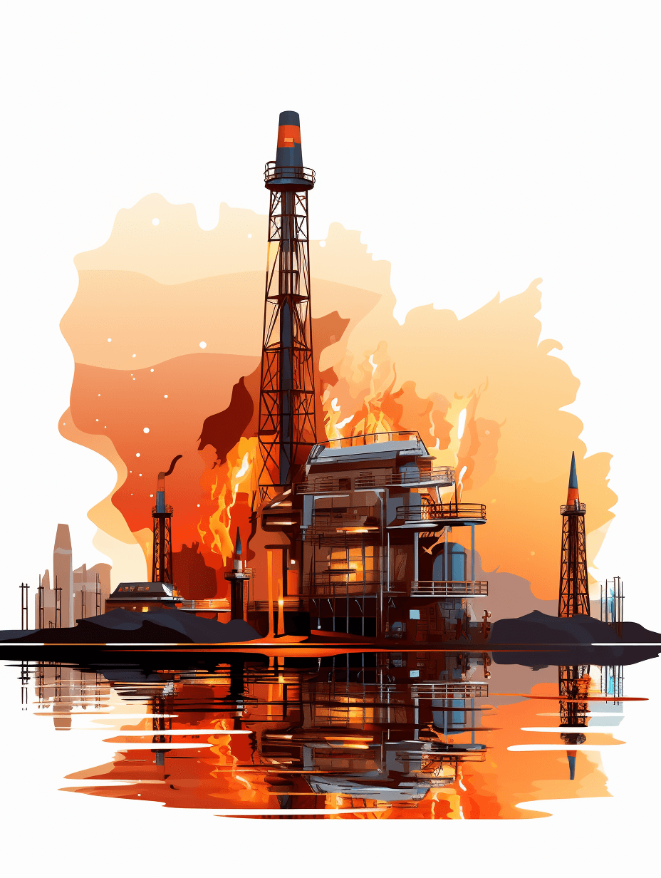 vector illustration of an oil rig on fire, flat design, white background, muted colors, digital art, detailed, 2d, high resolution