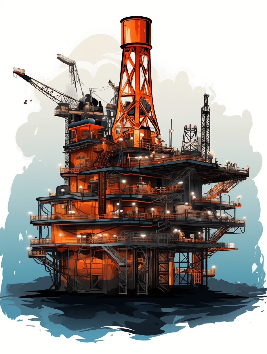 A cartoon oil rig in the ocean, vector art style, flat design, orange and black color palette, white background, high resolution, hyper realistic details, digital illustration, isometric perspective, detailed architecture, bright colors, light blue shadows, modern and minimalistic design, bold lines, simple shapes, high contrast lighting, natural textures, clean edges, sharp focus, clear details, dynamic composition, high definition.