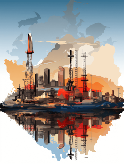 An vector illustration of an industrial port with rocket launchers and oil derricks, set against the backdrop of a map of Russia. The color palette includes shades of blue, red, orange, grey, white, reflecting global network theme. This design emphasizes connectivity between countries in ship technology and space exploration, highlighting the style of "Iain" as its name on it.