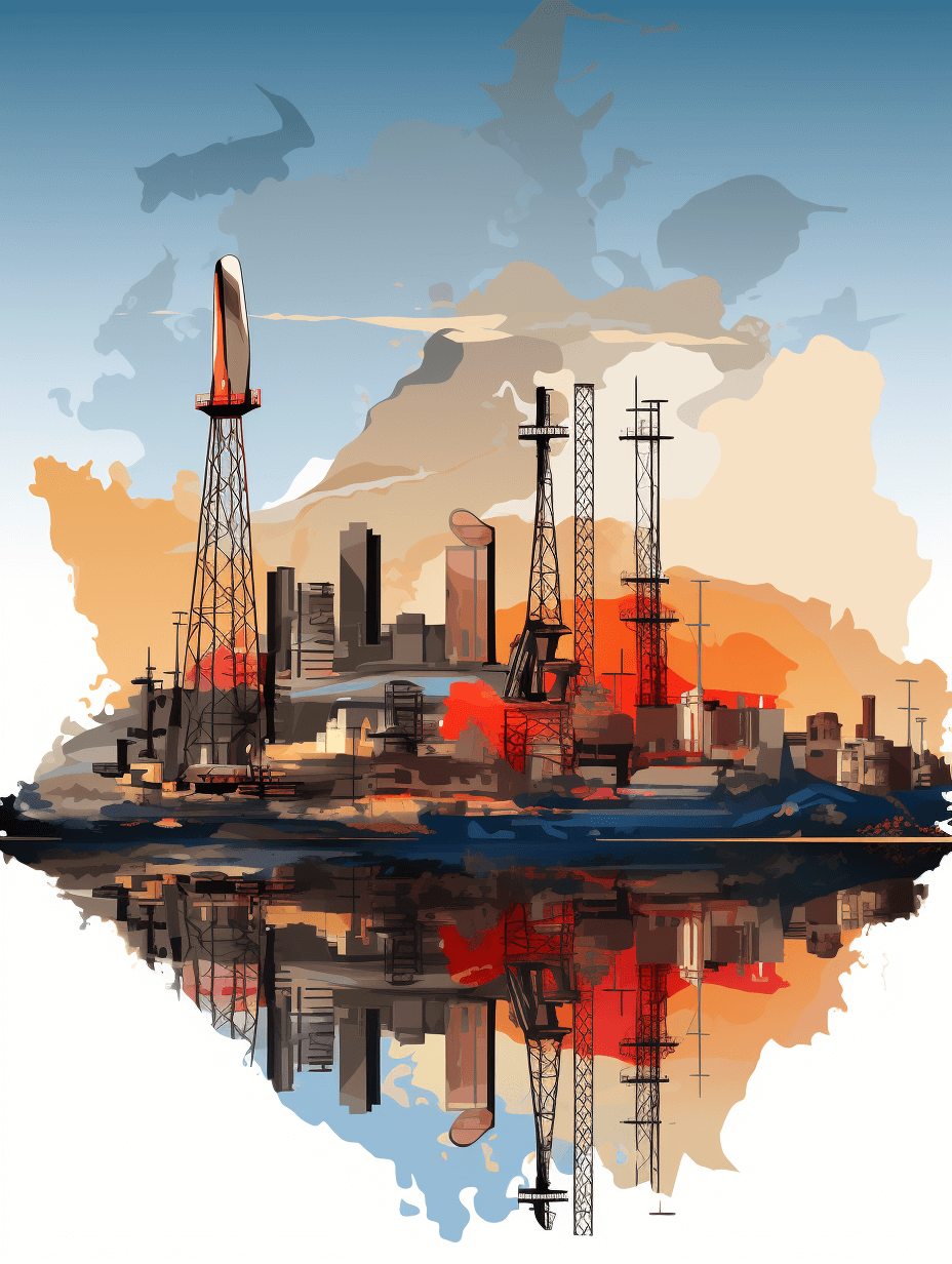 An vector illustration of an industrial port with rocket launchers and oil derricks, set against the backdrop of a map of Russia. The color palette includes shades of blue, red, orange, grey, white, reflecting global network theme. This design emphasizes connectivity between countries in ship technology and space exploration, highlighting the style of “Iain” as its name on it.