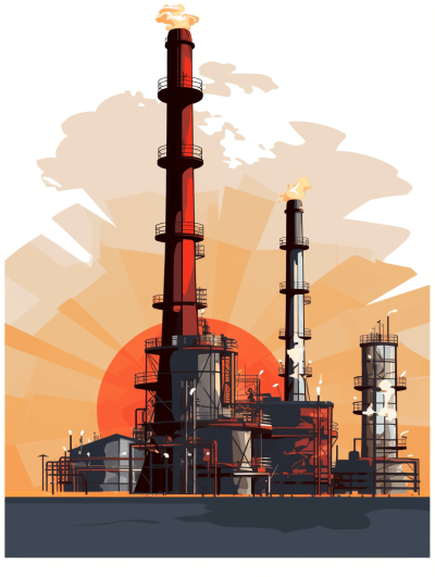 vector illustration of an industrial oil production plant, retro poster style with sunset in the background, bold colors, simple shapes, flat design, white background, vintageinspired, handdrawn elements, limited color palette, vector art, clean lines, high resolution, no shadows, high detail