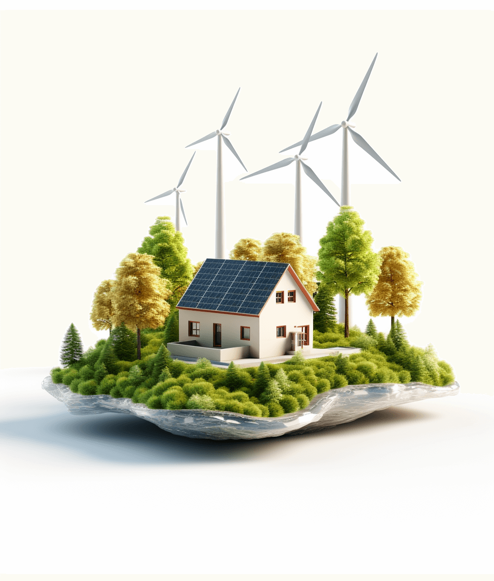 A small house with solar panels on the roof, surrounded by trees and wind turbines in an island floating against white background. The scene is depicted as a threedimensional rendering with realistic textures and lighting effects.