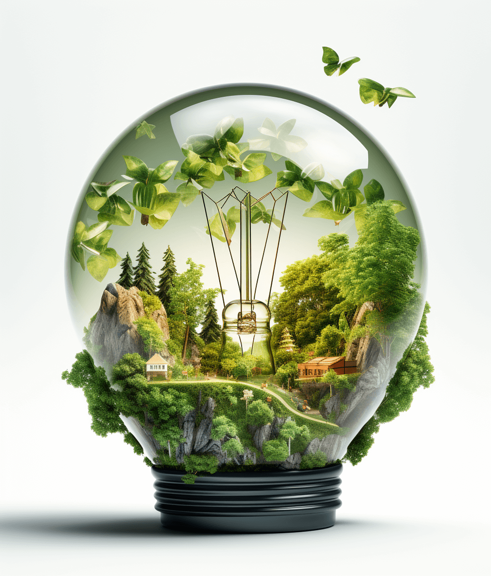 Green energy, landscape inside the bulb, white background, high resolution, hyper realistic photography style, bright light and green color scheme. The bulb is filled with lush trees, houses made of glass, flying butterflies, mountains in perspective view. A small stream flows through it, adding to its natural beauty.