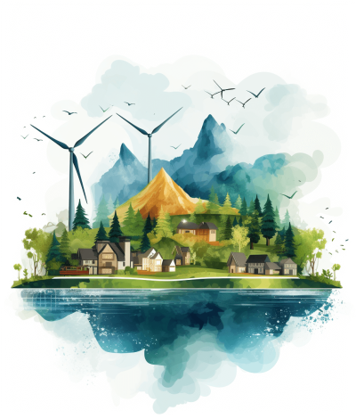 vector illustration of wind power, a forest and village on an island with mountains in the background, white background, in the style of watercolor.