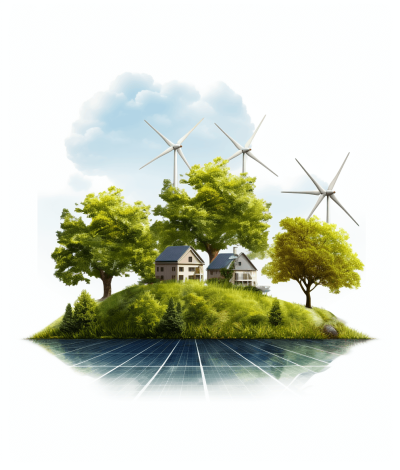 A realistic photo of an island with wind turbines and solar panels, trees on the side, houses in front, white background, bright colors, high resolution, high quality, high detail, sharp focus, no blur effect, natural lighting, natural shadows, high key lighting, isolated on a white background.