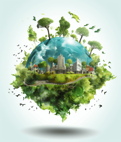 Create an illustration of the Earth with green trees and buildings, symbolizing environmental protection and sustainability., Isolated on pastel background