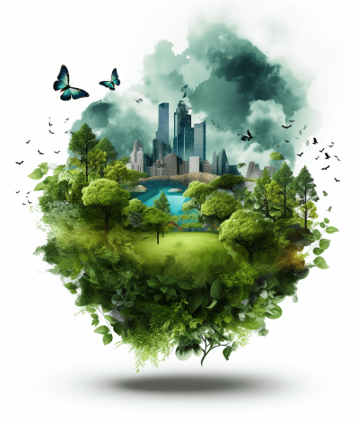 S individuals, lush greenery, urban landscape with skyscrapers and parklike setting, butterflies flying around the earth, white background, high resolution, surreal, fantasy, green tones, digital art style, fantasy world. The concept of global environmental protection. Green Earth for World environment day illustration. , Isolated on pastel background