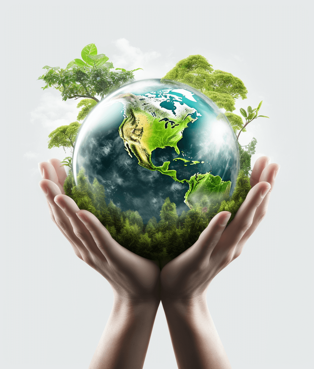 Holding the earth in both hands, with green trees growing on it and global environmental protection symbols floating above. The background is white and has a sense of space, with a simple composition. Using high definition photography technology to capture details and colors. High resolution and clear images. in the style of