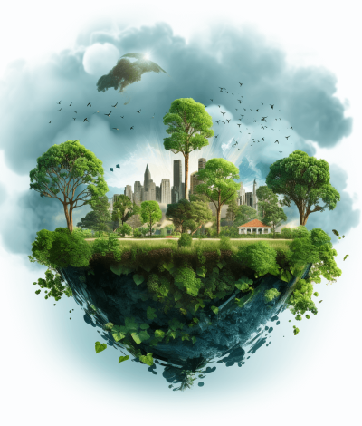 Surrealistic illustration of an earth with green trees and buildings on it, floating in the air against a white background. The high resolution, professional photograph was created in the style of L EWacutheon using SuperResolution and Megapixel techniques in Povray.