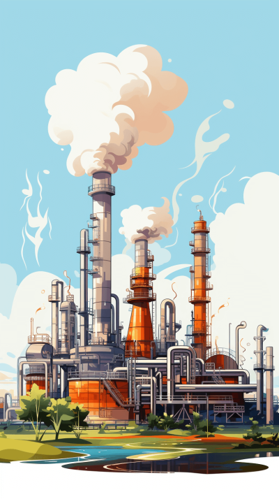 A cartoon style illustration of an industrial plant with smokestacks and pipes, surrounded by nature, under blue sky. The scene is bright and cheerful, with a focus on the colorful machinery inside the factory building. There's greenery in front for contrast against the grey buildings. It has white clouds in the background, adding to the atmosphere.