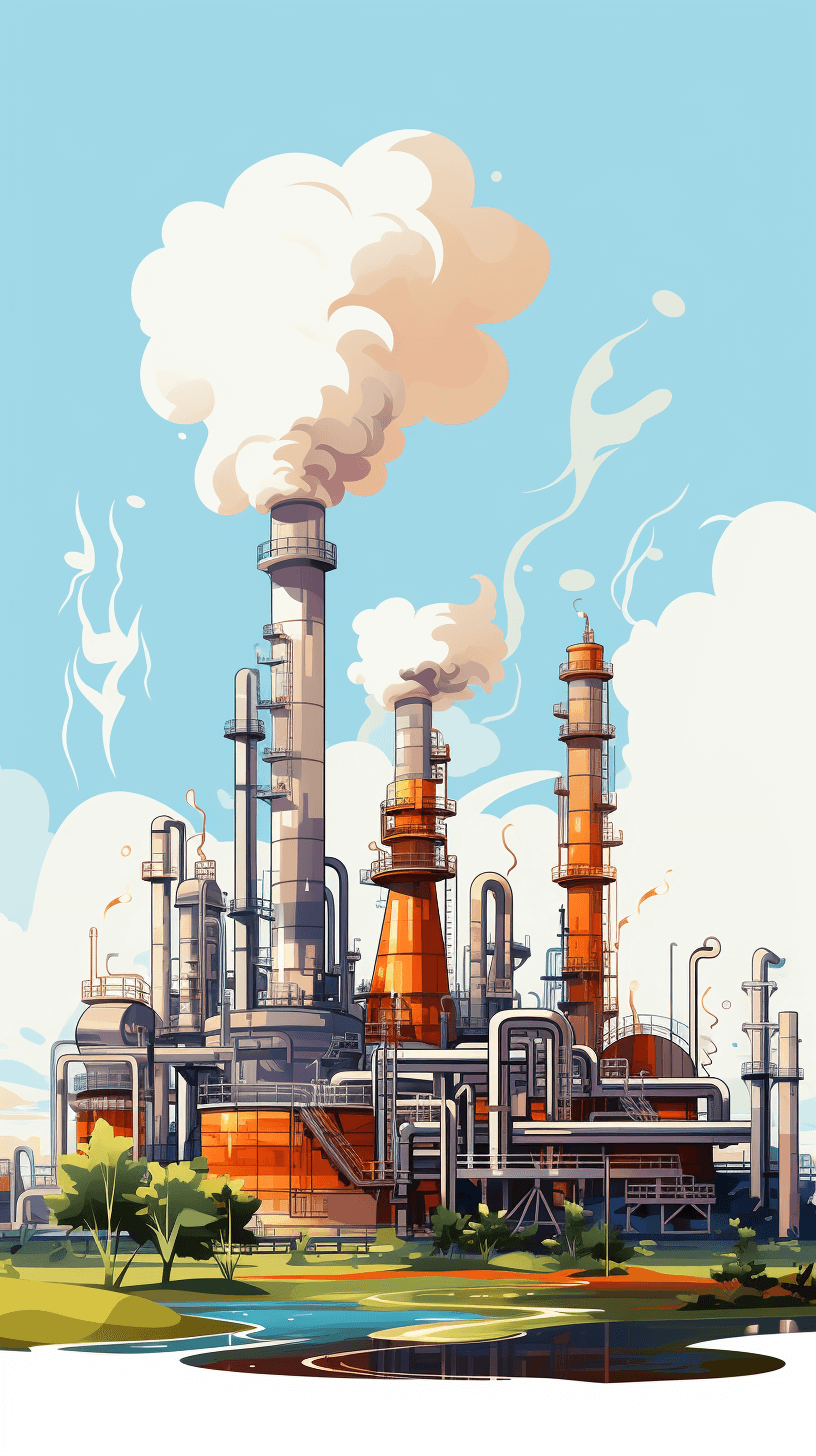 A cartoon style illustration of an industrial plant with smokestacks and pipes, surrounded by nature, under blue sky. The scene is bright and cheerful, with a focus on the colorful machinery inside the factory building. There’s greenery in front for contrast against the grey buildings. It has white clouds in the background, adding to the atmosphere.