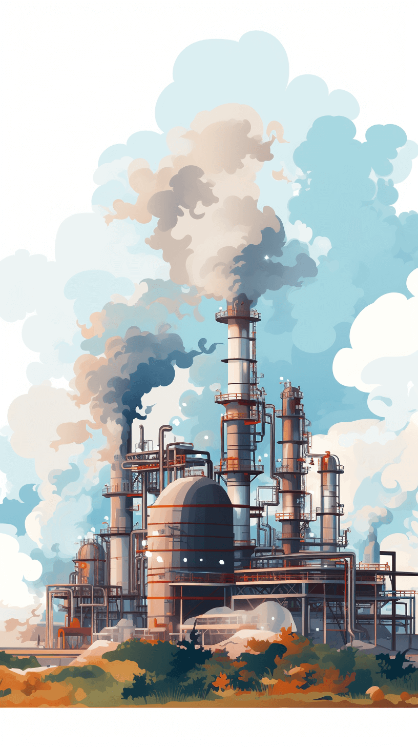 an industrial plant with smoke coming out of it, vector art style, flat illustration, simple, detailed background, earthy color palette, high resolution, high quality, high detail, clipart, poster, white background, blue sky, cartoon, digital painting, low contrast, low brightness, pastel tone, vintage, watercolor, smooth lines, minimalistic, hand drawn, sketch, natural lighting, saturated colors, clear focus, high definition, high resolution