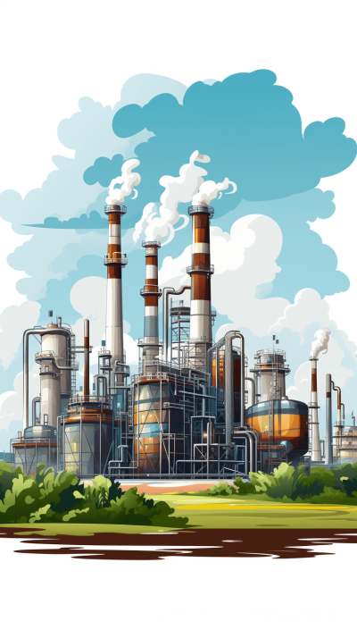 A cartoon style factory with smokestacks and an industrial plant landscape vector illustration. In the background, there is a blue sky with white clouds. The scene includes green grass near the buildings of different sizes. There is also one large brown pipe in front of two smaller pipes stacked on top of each other, and another small red pen next to it.