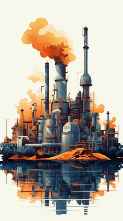 An industrial plant with smokestacks and metallic structures, depicted in the style of vector illustrations, featuring orange hues and flat colors. The scene includes an oilfield in front of it, with reflections on water. A white background is used for clarity, and a high resolution rendering technique adds detail to the illustration. This image captures elements like billowing clouds of steam from chimneys, creating a detailed yet stylized depiction of industry and nature.