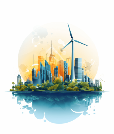 Simplified vector illustration of an urban cityscape with modern buildings and wind turbines, set against the backdrop of water and trees, representing green energy in sustainable living. The design incorporates shades of blue for sky hues and orange to represent natural elements, creating a harmonious blend between technology and nature. Isolated on a pastel background, the illustration is in the style of minimal editing of the original text.