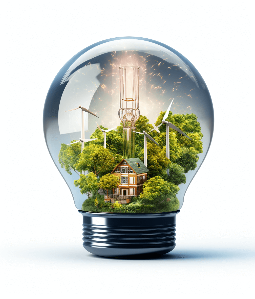 3D illustration of an energy oak inside the bulb, wind turbines and green trees on white background, light bulbs with sparks around it, a house in miniature form is located inside thebulb with windows through which you can see nature, high quality photo