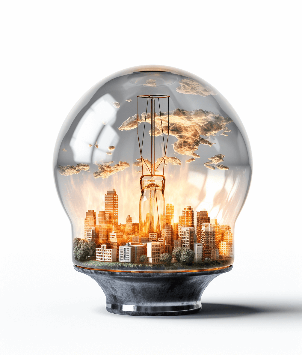 3D rendering of an energy light bulb with a city inside isolated on a white background, in a minimalist style, in a studio shot, with high resolution, ultra realistic photography in the style of a clean and transparent glass sphere, with hyperrealistic photo details, illuminated, with golden hour lighting, under a cloudy sky, with warm tones, with detailed reflections, with wind effects, with super sharp focus, with water drops, with sun rays