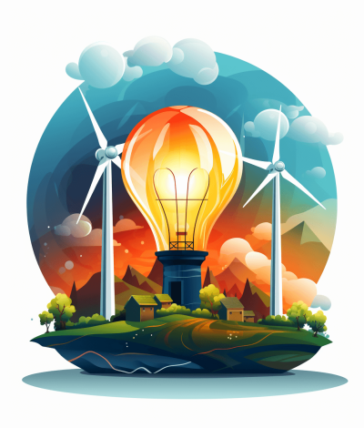 vector flat illustration of an illuminated bulb with wind turbines behind it, surrounded in the style of nature landscape, in the cartoon style, with low details, on a white background, in the sticker design style, as a logo vector art