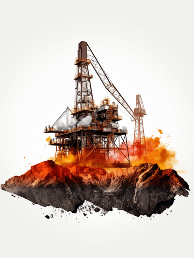 Vibrant illustration of an oil rig on top of smoldering earth, set against white background for easyior and behind the scene, concept art, flat design, 2d, high contrast, colorful, dark color palette, high resolution, high detail, cinematic, sharp focus, no blur, 3D render, octane rendering, hyper realistic, hyper detailed, hyper quality, hyper graphics, hyper colors, hyper details, super texture, super realistic, super sharp, super detailed