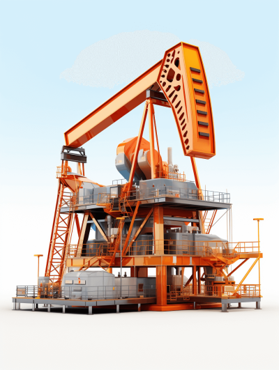 A photorealistic orange oil pump with industrial equipment on a white background. A side view of the whole scene. The style is realistic and cinematic, with a high level of detail and sharp focus. It is an impressive image that showcases both color and shape in great depth and clarity.