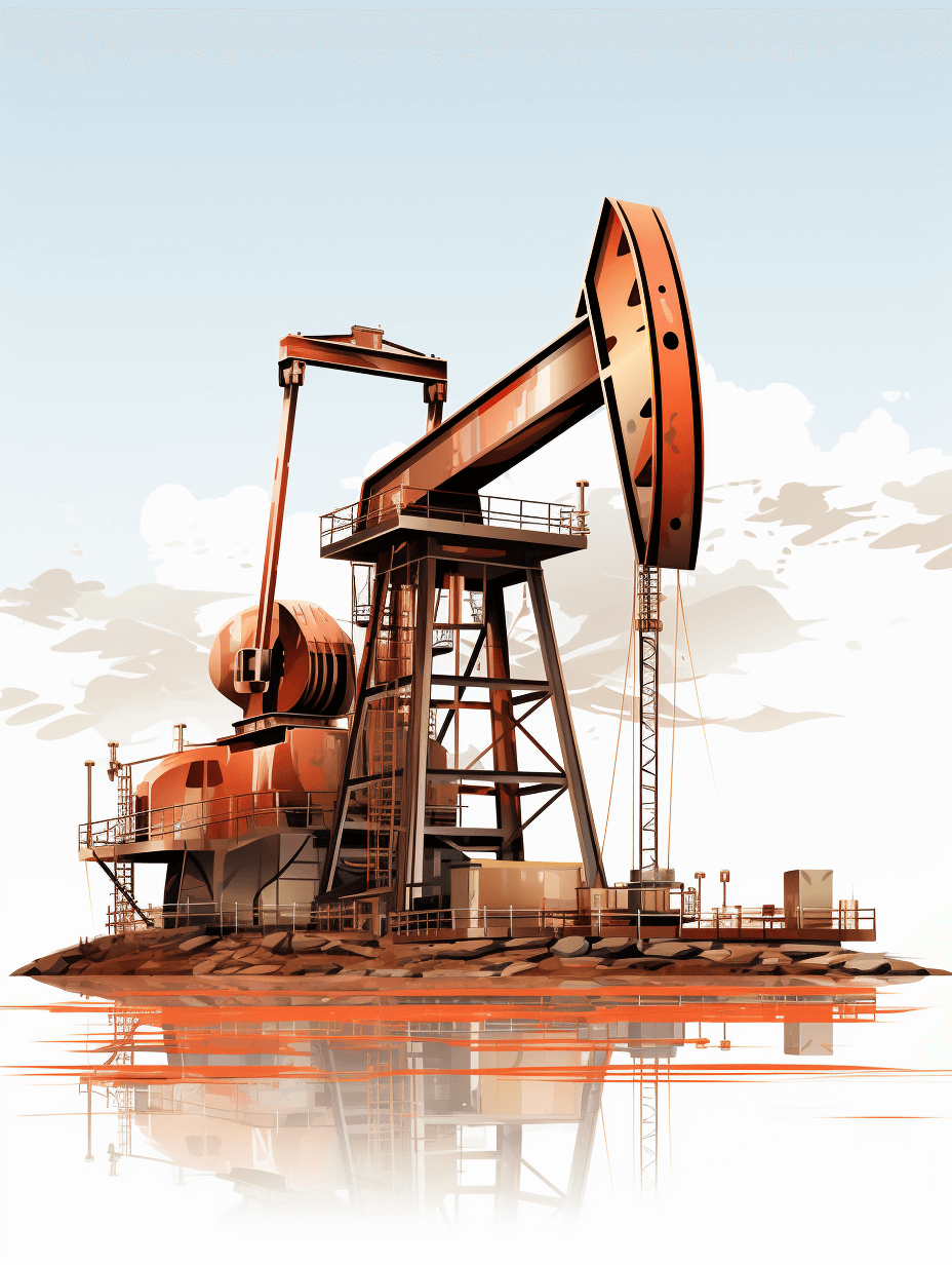 Oil pump, vector illustration style, flat design, white background, detailed depiction of an industrial scene with intricate details in the equipment, reflections on the water surface, realistic textures for metal components, orange color palette for contrast against the blue sky, simple yet powerful composition to emphasize the theme, bright daylight lighting creating sharp shadows, high resolution, high quality in the style of flat design.