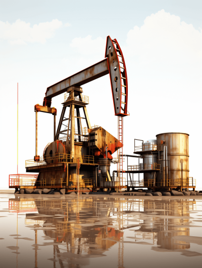 Oil well, oilfield equipment, 3D rendering, white background, perspective composition, high saturation color scheme, symmetrical layout, perspective effect, reflection and refraction effects. An oil pump with a rusty metal surface and an oil tank in the foreground, illuminated by sunlight. The overall atmosphere conveys industrial strength.