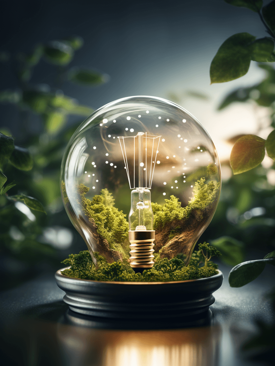 3d rendering of an ecofriendly light bulb with moss inside, surrounded by nature elements. The scene is set in the forest and has soft lighting to highlight the glass cover. A small leaf adds detail to the composition.