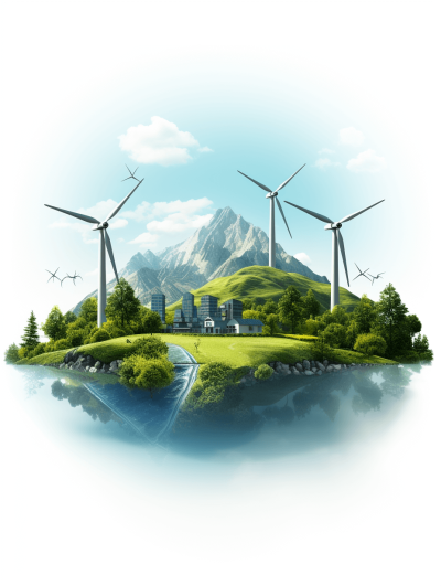 Green energy, wind power generation, white background, in the style of illustration, green grass and trees on the island with buildings in front of it, mountains behind them, water flowing through the landscape, blue sky above, three wind turbines standing tall against the backdrop of nature, a sense of environmental protection and sustainable development concept.