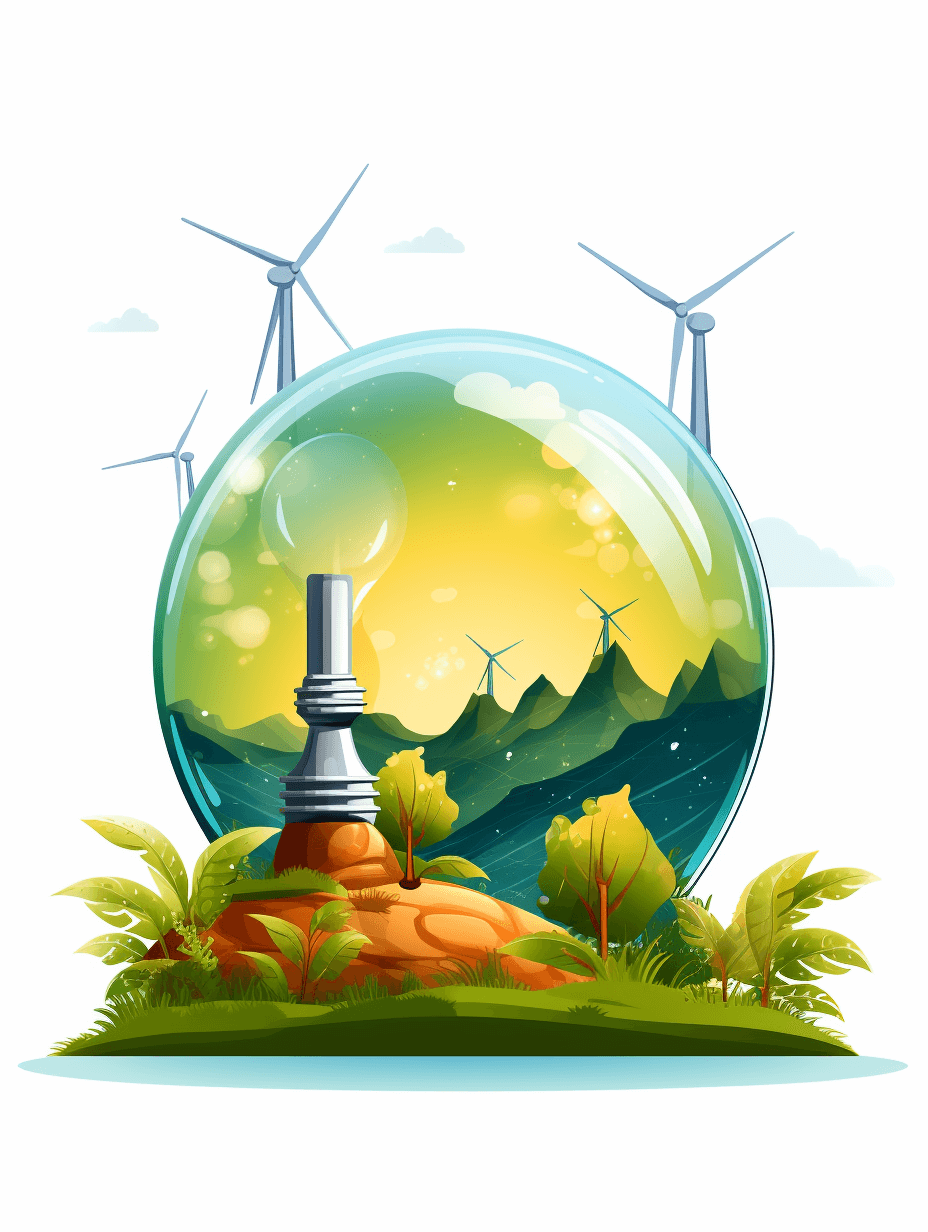 A wind power plant inside a glass ball, green landscape with mountains and trees, cartoon style vector illustration poster design in the style of white background, png transparent