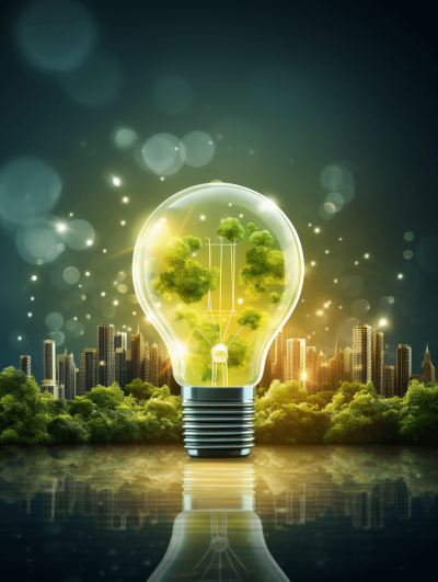 A light bulb with green trees inside, glowing and casting warm yellow lights on the surrounding cityscape. The background is dark with bokeh effects around it. There is water at its base reflecting these elements. It creates an atmosphere of innovation in sustainable energy technology. This design symbolizes innovative use of natural gas for power generation. Vector illustration, detailed, high resolution, in the style of modern digital art.