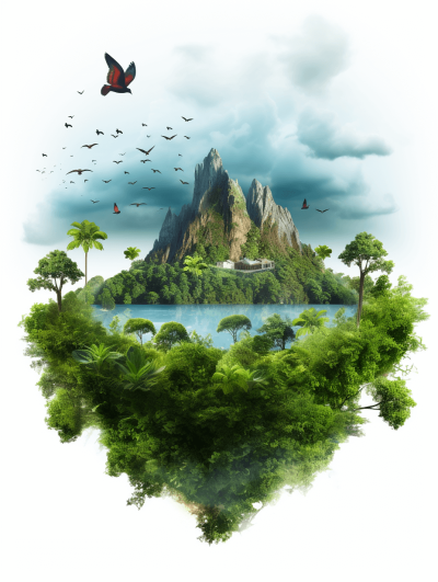 A flying island with green trees, jungle and lake in the middle of it, surrounded by birds, mountains on top, white background, realistic photo, png transparent, cutout, hyperdetailed, hyperrealistic, sharp focus, high resolution, high definition