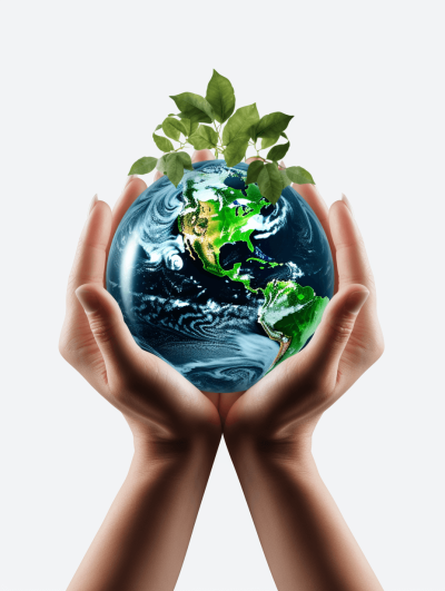 Holding the Earth in both hands, green leaves grow on top of it, white background, high definition photography, high resolution details, and three-dimensional effect. The globe is held in the style of two palms with rich skin texture. Green tree branches cover half of the earth surface. High definition, high resolution, and professional quality.