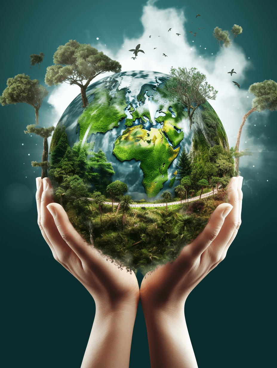 hands holding the earth with trees and birds, stock photo, high resolution, very detailed, green color scheme, on dark background, global illumination, studio lighting, advertising photography, advertising banner, high definition, in the style of advertising photography.