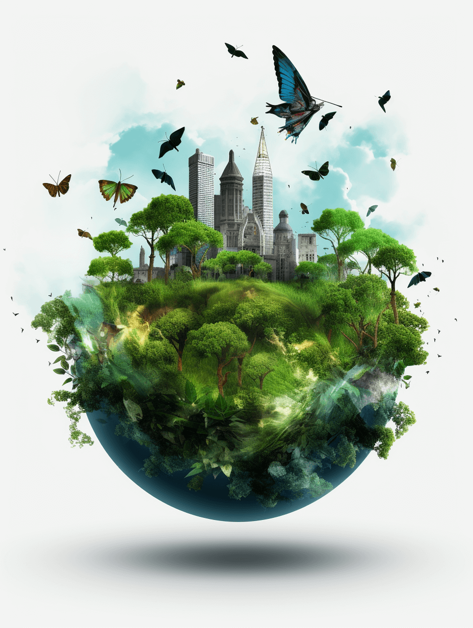 Ecoarchitecture, earth with a green forest and birds flying around, white background, city buildings on top, in the style of a vector illustration, digital art, fantasy world, detailed design, 3D rendering, professional photography, high resolution, sharp focus, intricate details, high dynamic range.