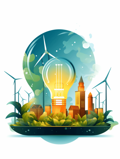 An illustration of an illuminated light bulb surrounded by wind turbines and greenery, with buildings in the background. The cityscape is depicted as part of nature's beauty, symbolizing sustainability and energy creation. Isolated on a pastel background.