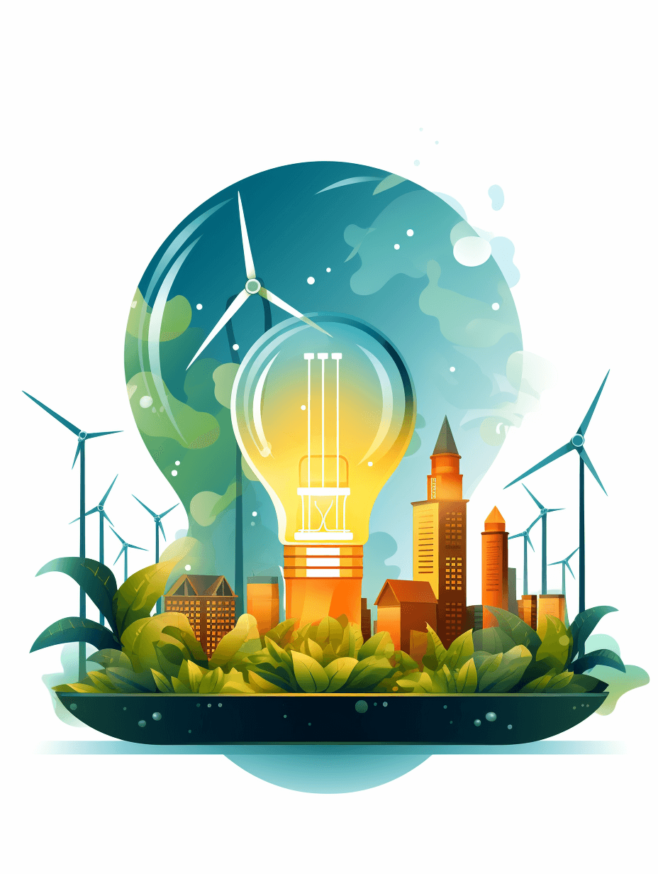 An illustration of an illuminated light bulb surrounded by wind turbines and greenery, with buildings in the background. The cityscape is depicted as part of nature’s beauty, symbolizing sustainability and energy creation. Isolated on a pastel background.