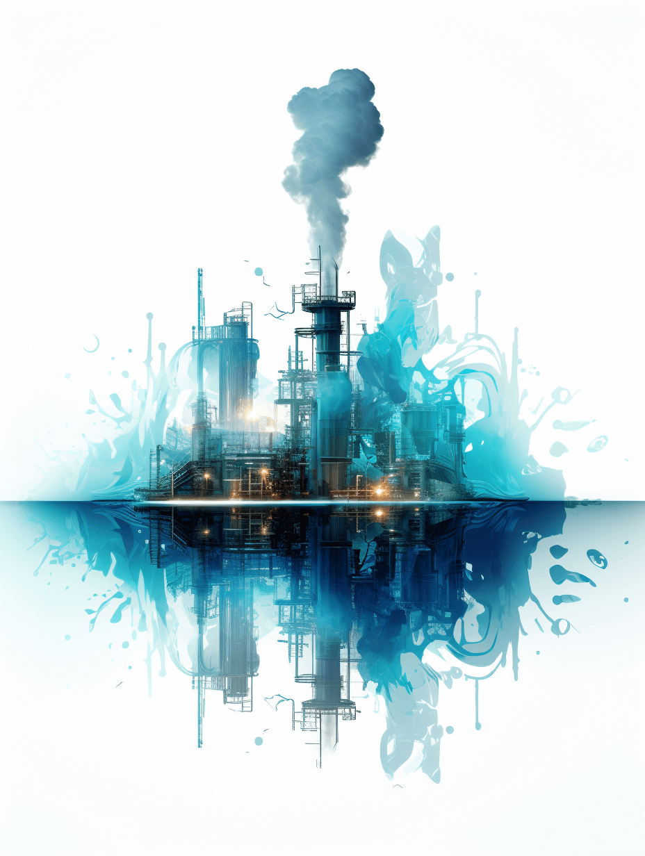 A digital illustration of an industrial oil plant with smoke rising from the chimney, reflected in water below. The background is white and blue with splashes of color representing energy flow bars.