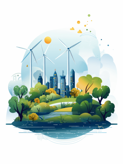 Illustration of wind turbines and green energy, surrounded by trees in front of city buildings on the water surface. Vector illustration with white background. , Isolated vector style Illustrations for web design or print on demand. Green environment concept. Clean flat illustrations with soft gradients to create adorable and cute designs