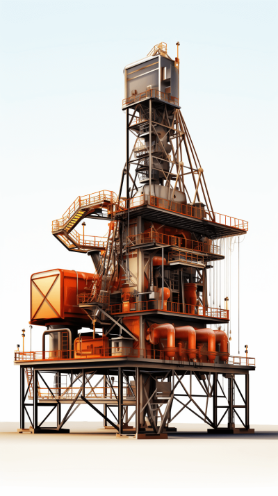 A large oilfield featuring an industrial design style and tower structure. The main body is made of steel material with orange color accents. It features C4D rendering technology, high resolution, and clear details. On the white background, it showcases a three-dimensional composition. Perspective photography is used to highlight architectural elements in the style of industrial design.