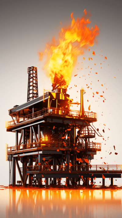 A realistic oil platform on fire, 3D render, white background, in the style of octane rendering, high resolution photography, insanely detailed and intricate, dramatic lighting, full body shot