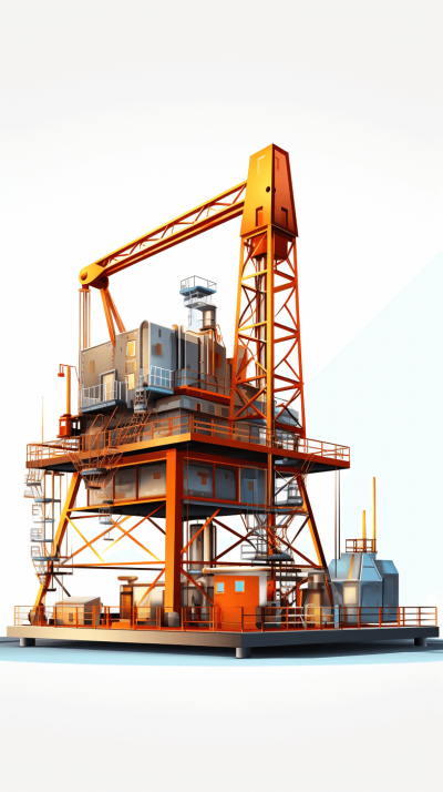 A steel oil and gas rig with equipment, low poly style, 3D rendering, white background, isometric view, orange color scheme, bright colors, cartoon, simple details, studio lighting, high resolution, high detail, high quality