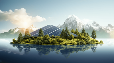 An island with solar panels and trees, surrounded by mountains, reflecting on water, symbolizing clean energy and environmental protection. The concept of sustainable development production design for advertising. High resolution photography. Photo realistic details. Hyperrealistic