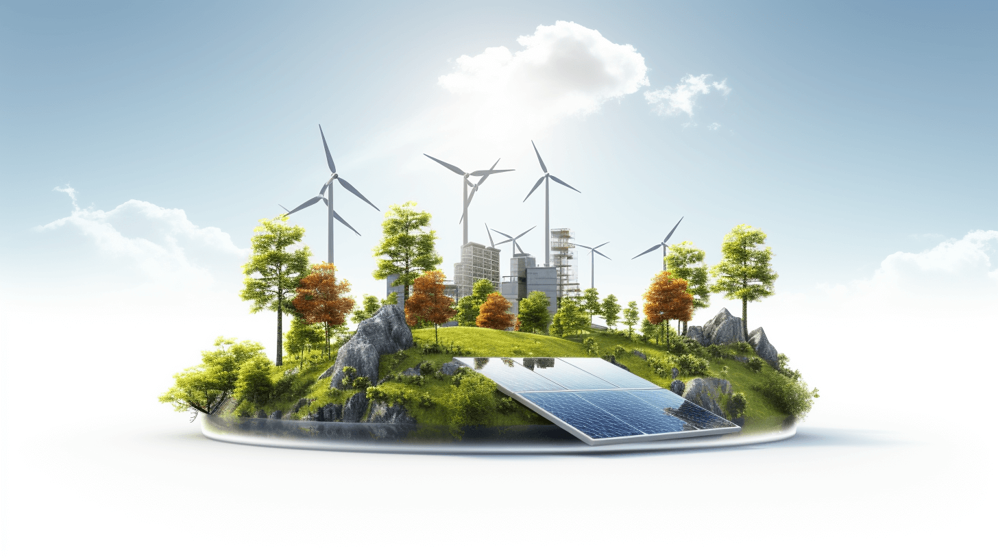 A small island with wind turbines and solar panels, surrounded by greenery against the backdrop of an urban landscape. white background. photorealistic rendering